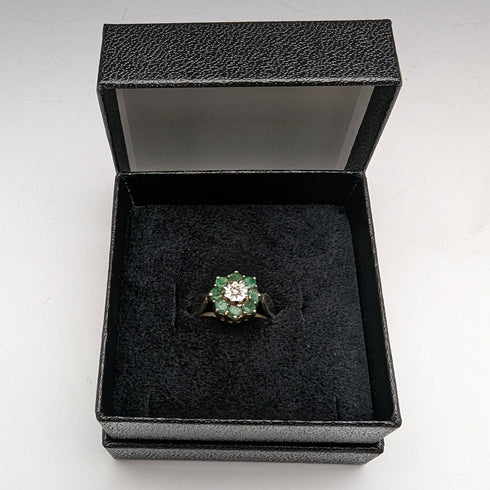 British Vintage Jewelry Emerald & Diamond Sterling Silver Ring
